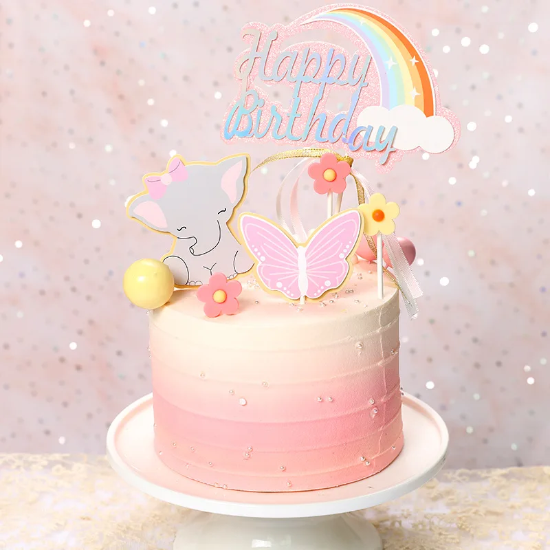 

Pink Butterfly Cake Toppers Princess Girl Happy Birthday Party Decor Dessert Flower Baby Elephants Cake Decorating Butterfly