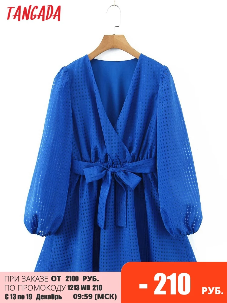 

Tangada 2022 Fashion Women Blue Dress With Slash Lantern Long Sleeve Office Ladies Mini Dress SL111