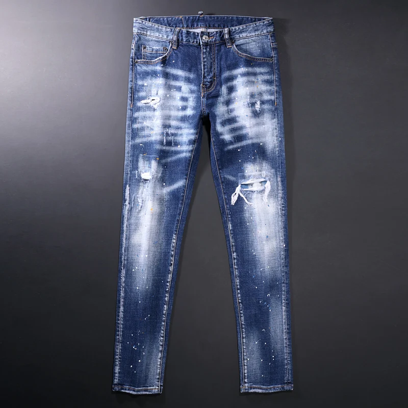 

Fashion Streetwear Men Jeans Elastic Cotton Distressed Retro Blue Ripped Jeans For Men Painted Designer Hip Hop Slim Punk Pants