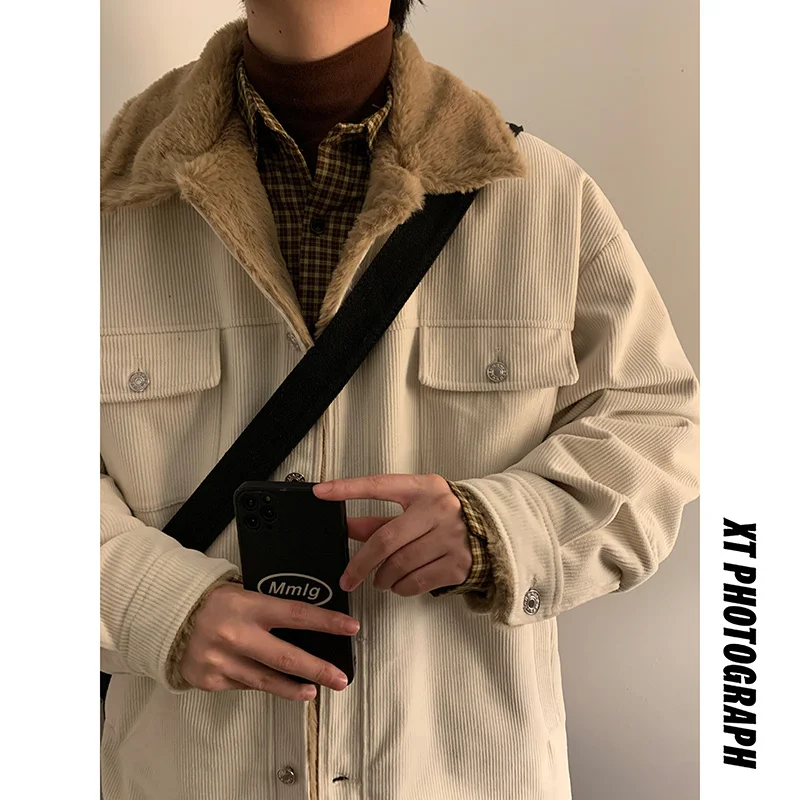 Winter Thicken Corduroy Jacket Men Warm Fashion Retro Lamb Wool Jackets Mens Streetwear Korean Loose Thick Short Coat Men M-2XL