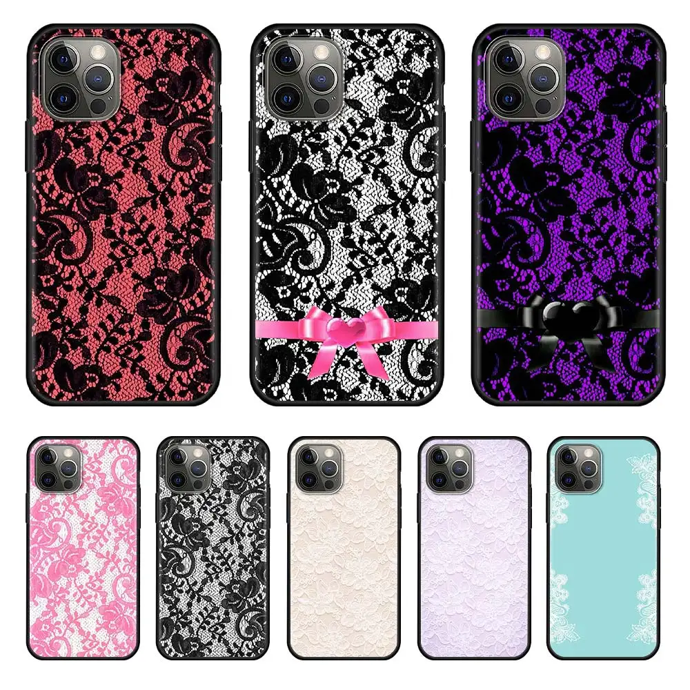 

Lace And Flowers Case for iPhone 11 13 Mini 12 Pro Max XR 7 8 X 6 6S Plus XS 5 5s SE 2020 Black Silicone Phone Cover Coque