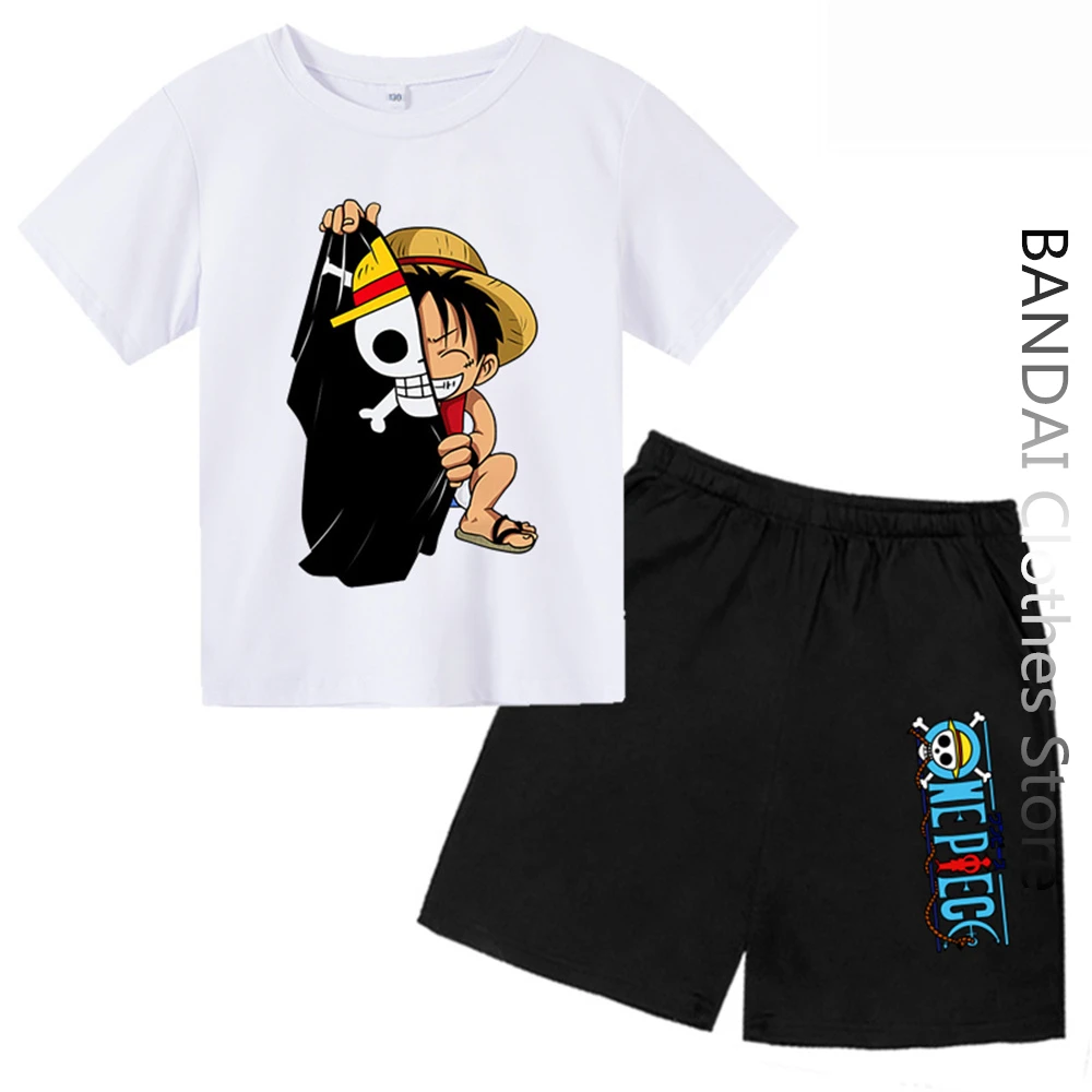 

Cute Cartoon Luffy Kids Boys T Shirt Set One Piece Anime Comics Fashion ChildrenAdult Clothes Pirates King Streetwear Tops