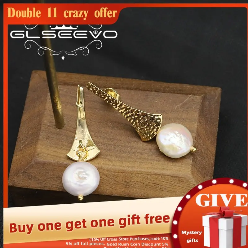 

GLSEEVO Golden Scalloped Baroque Pearls Drop Earrings Personality Fashion Designer By Hand Luxury Jewelry Wedding Gifts GE1183