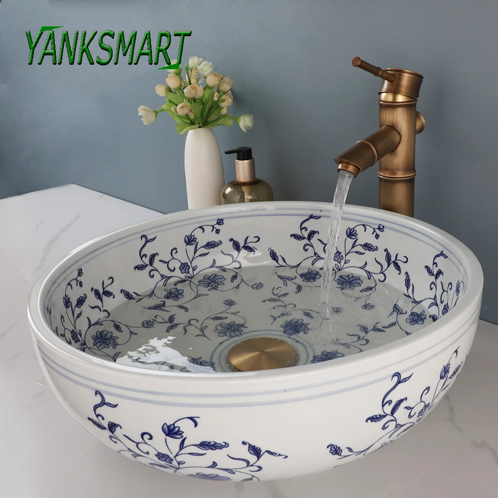 

YANKSMART круглая чаша, керамический смеситель для раковины, комбинированный комплект, синий и белый фарфоровый счетчик, туалетный столик, бамбуковый кран, набор с выдвижным сливом