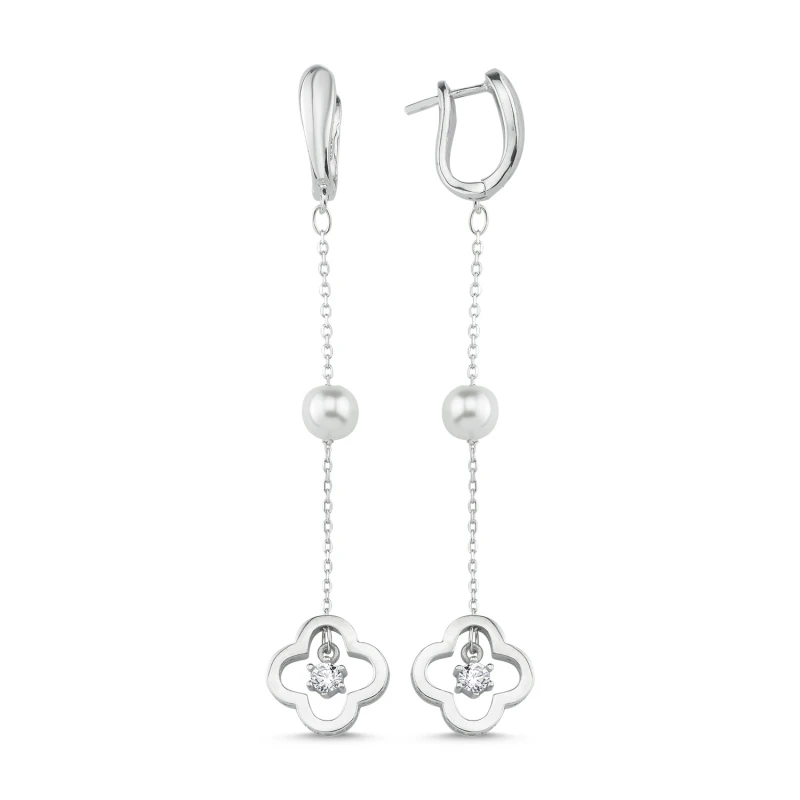 

Silver 925 Sterling Pearl & Zircon Cubic Zirconia Dangle Earrings