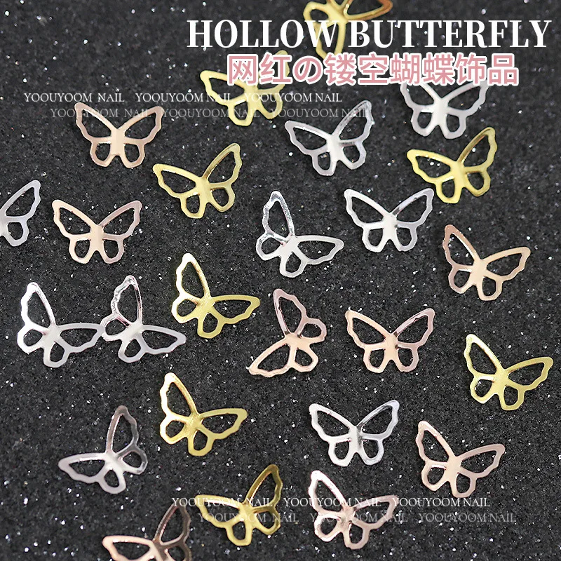 

100pcs Butterfly Alloy Nail Art Jewelry Charm 3D Hollow Butterfly Gold/Silver Metal Diamond DIY Nail Art Decoration Accessories