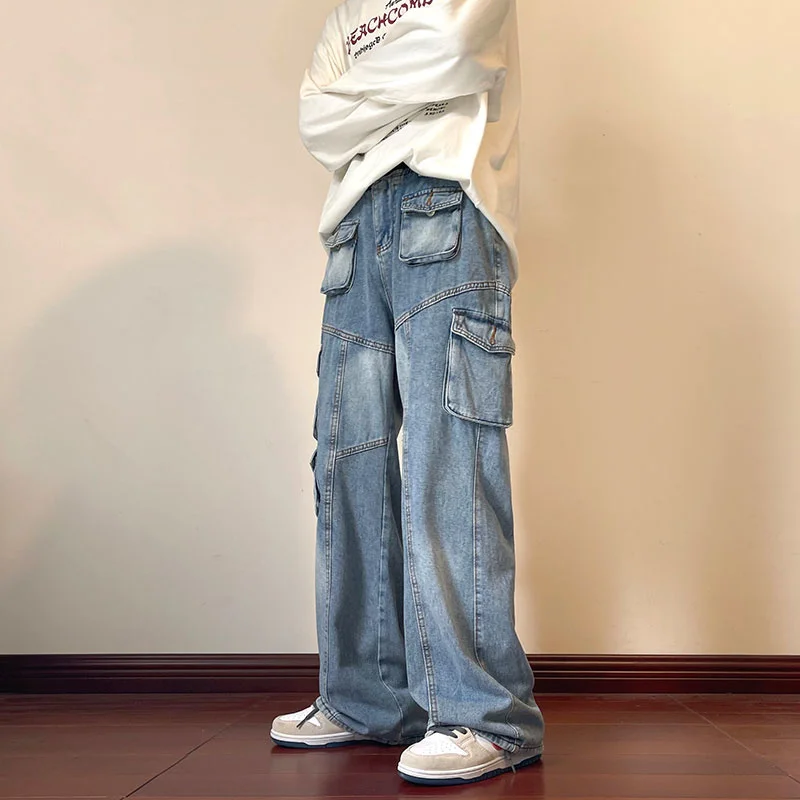 Blue Baggy Jeans Men Fashion Multiple Pockets Cargo Jeans Men Streetwear Hip Hop Loose Straight Denim Pants Mens Trousers M-2XL
