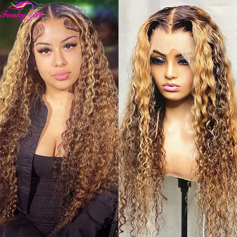 Brazilian 34 inch Highlight Water Wave Human Hair Wig Ombre Deep Curly Lace Front Wigs For Women Transparent 13x4 4x4 Lace Wigs