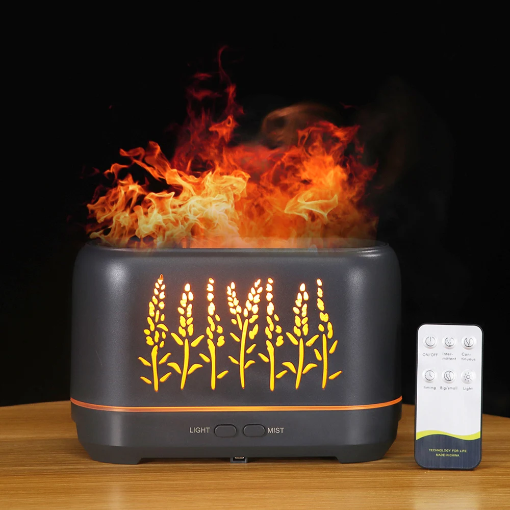 

USB Air Humidifier Flame Wood Grain Aroma Essential Oil Diffuser With Remote Control USB Soft Light Humidifier Sleep Atomizer