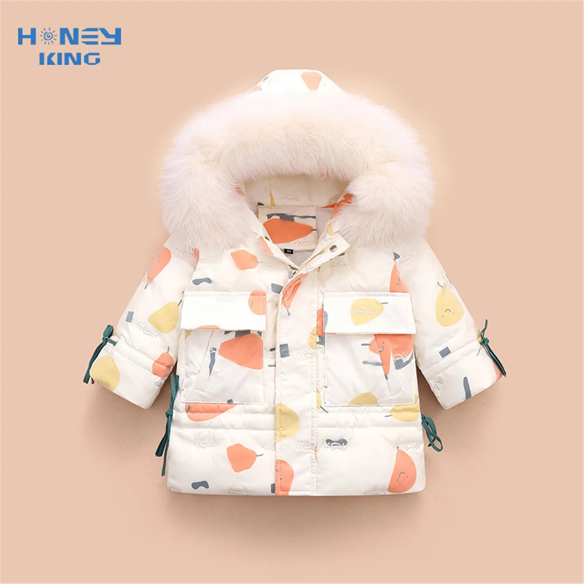 

HONEYKING Children's Padded Jacket Baby Girls Winter Thicken Warm Fur Plus Velvet Hooded Parka Coat Toddler Kids Cotton Outwear