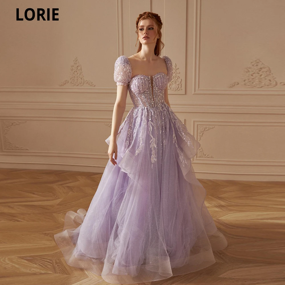 

LORIE Glitter Tulle Evening Dresses Vestidos De Fiesta Short Cap Sleeves Sequins Dubai Formal Gowns Tiered Lilac Evening Gowns