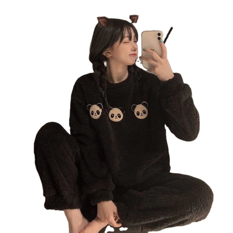 

Autumn and winter pajamas women thick coral fleece cartoon two-piece suit round neck flannel home service