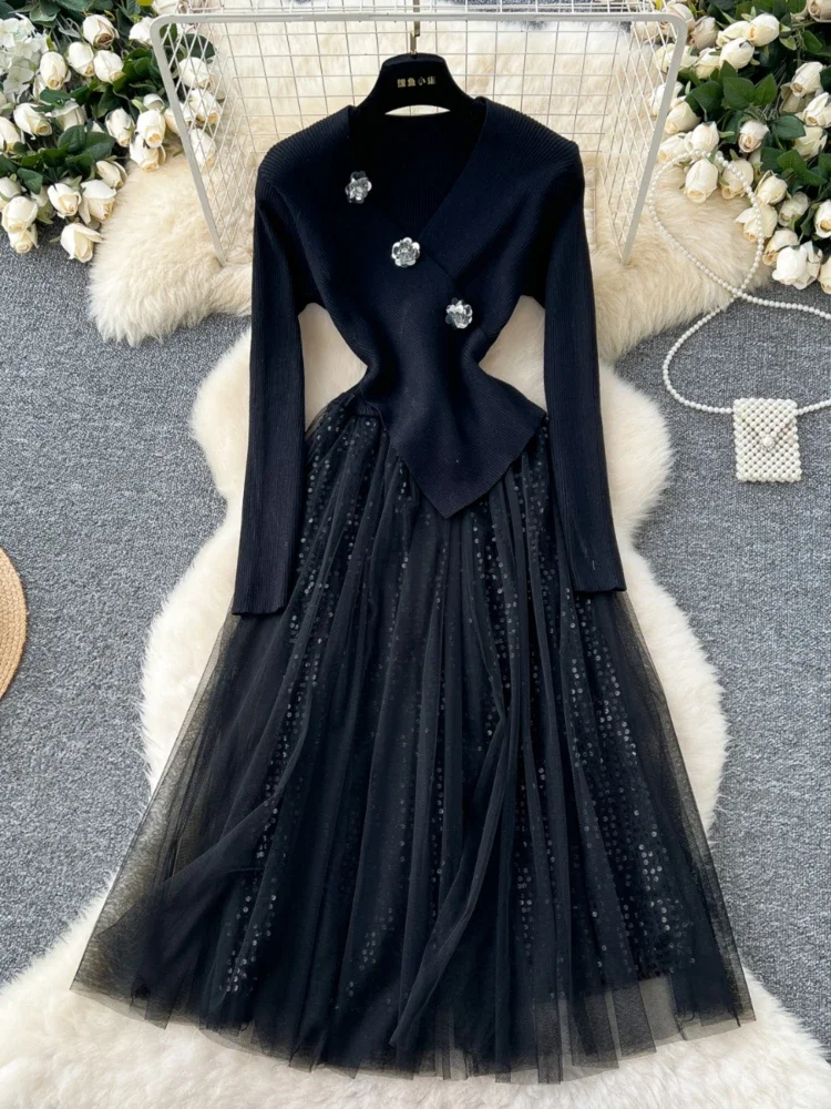 Женское винтажное праздничное платье осень-зима 3D цветок v-образный вырез