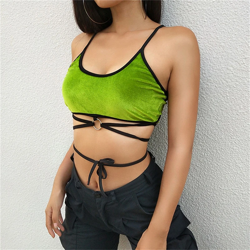 

Women Sexy Crop Top Ladies Summer Strappy Vest Top Green Velvet Top Solid Bra Female Short T-shirt