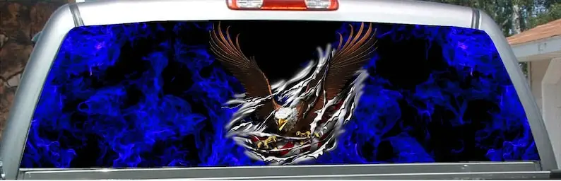 

Blue fire flames eagle tear rear window view thru vinyl graphic decal