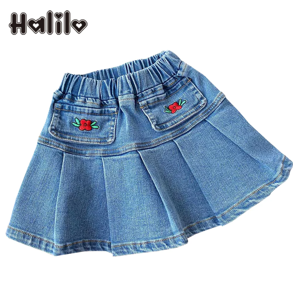 

Halilo Girls Denim Skirts Flower Embrodiery Pleated Vintage Children Clothing