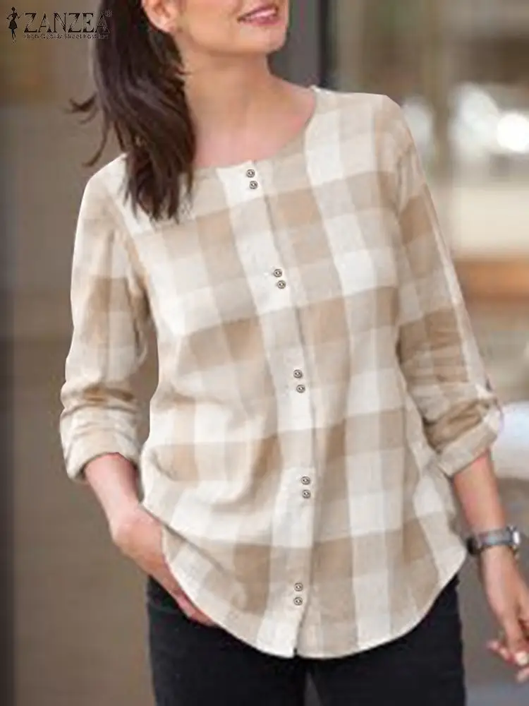 

Casual Holiday Loose Shirt ZANZEA Vintage Plaid Checked Blouse Women Long Sleeve Work Tunic Tops Female Blusas Oversize Chemise