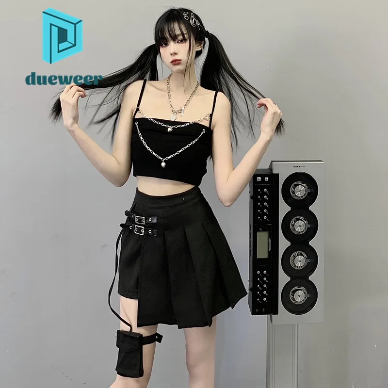 

DUEWEER Summer Black Irregular Pleated Skirts Women's High Waist Jazz Dance Mini Short Skirt Gothic Streetwear Japanese Fashion