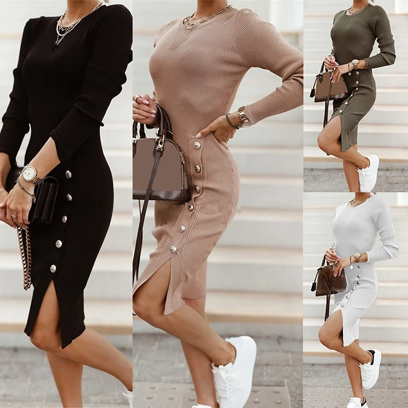 

Autumn and Winter 2022 New Women's Dress Temperament Split Button Knitted Skirt