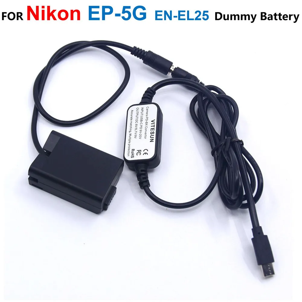 

USB C PD Power Cable EH-5 EH-5A MH-32 Adapter+EP-5G DC Coupler EN-EL25 Fake Battery For Nikon Z50 ZFC Z30 Cameras