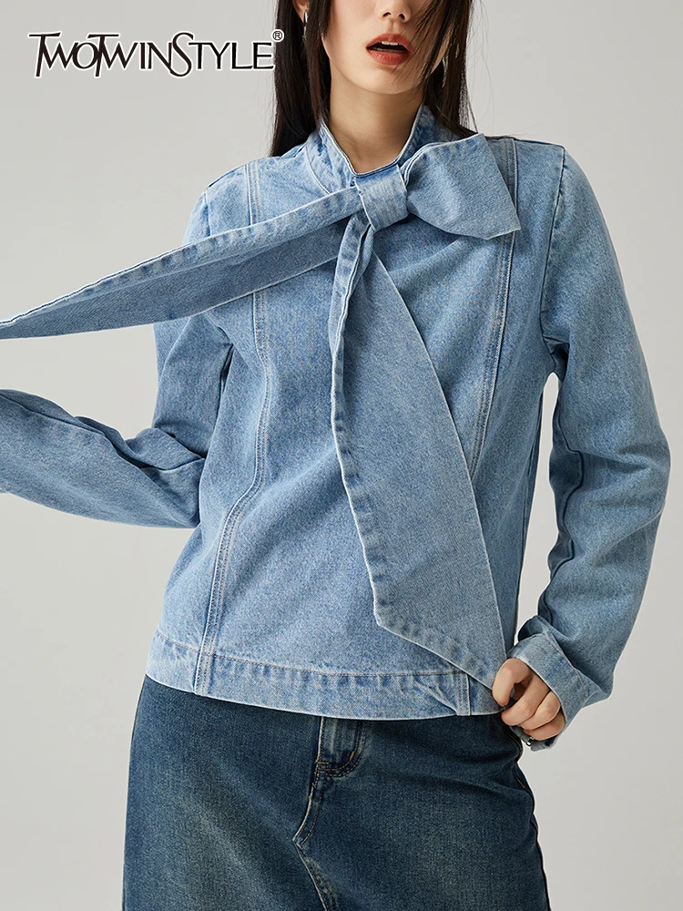 

TWOTWINSTYLE Denim Minimalist Shirt For Women Stand Collar Long Sleeve Patchwork Bow Slimming Blouse Female Fashion Clothing New