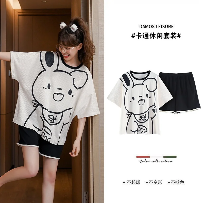 Summer 2022 New Style Pajamas Women's Short Sleeved Shorts Pure Cotton  Cartoon Cute Girls Can Wear Home Clothes Outside