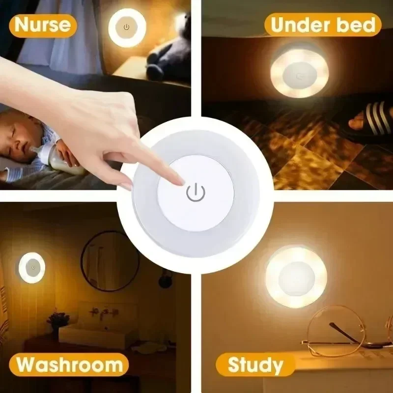 1/6PCS Mini LED Touch Sensor Night Lights Portable USB Rechargeable Magnetic Base Wall Light 3 Modes Bedroom Dimming Lamps