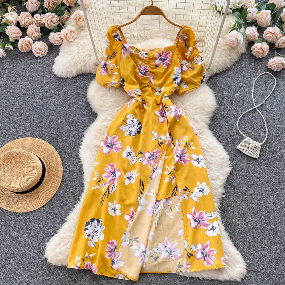 

Женское длинное платье с квадратным вырезом, облегающее повседневное пляжное платье-трапеция со складками и цветочным принтом, Элегантная ...