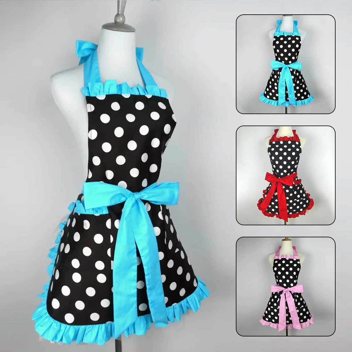 

Cute Apron Retro Polka Dot Aprons Ruffle Side Vintage Cooking Aprons with Pockets Adjustable Kitchen Aprons for Women Girls
