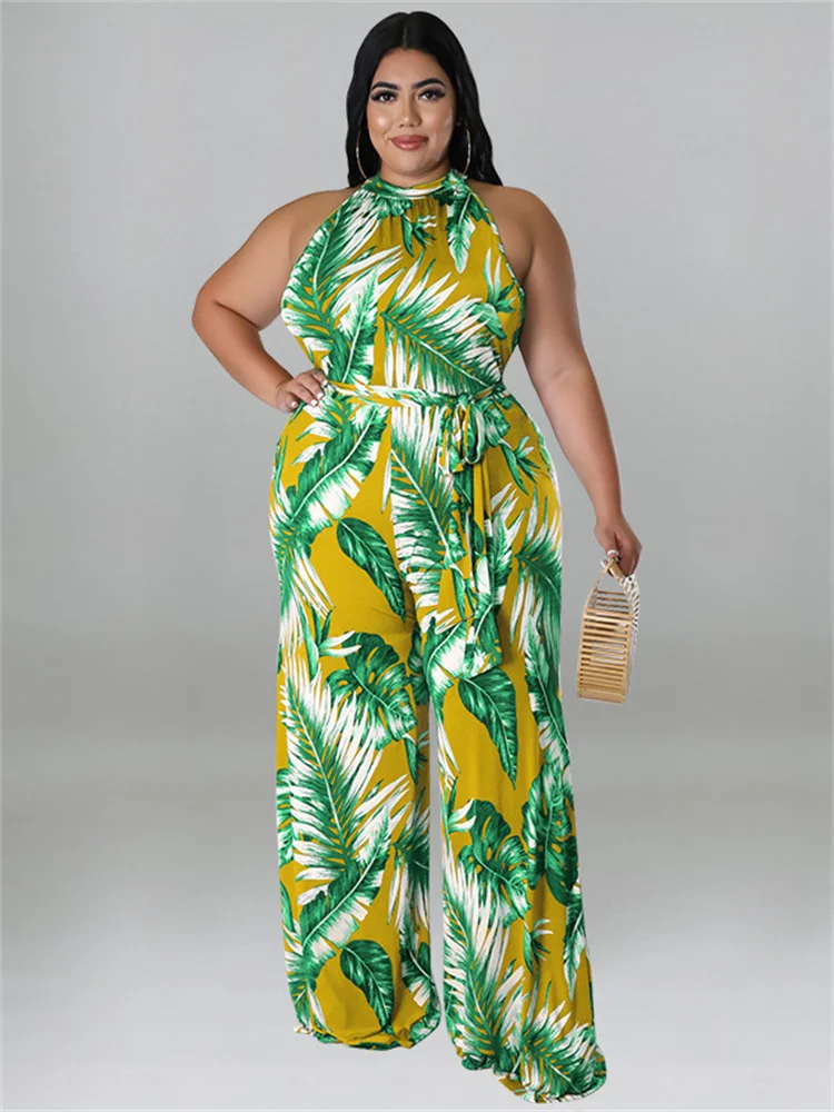 Plus Size Women Jumpsuit with Belt Summer Clothes Printed Sleeveless Wide Leg Office Lady Bodysuit Who 3xl 4xl 5xl 6xl