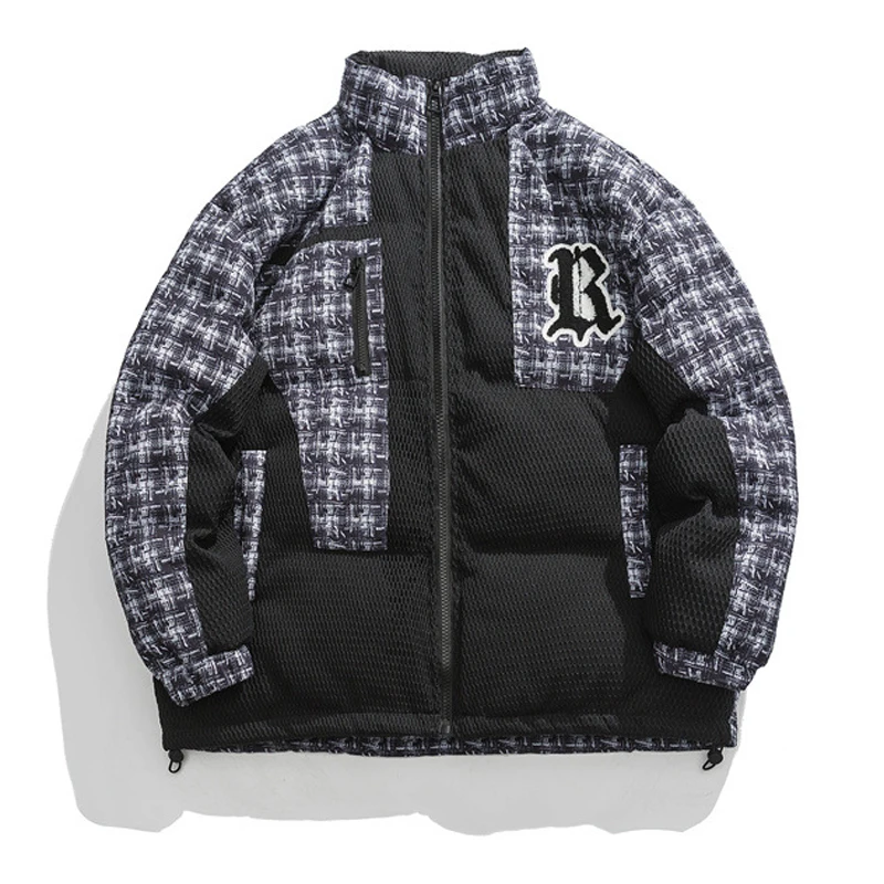 

Street Fashion Color-blocking Warm Parka Men's Letter Printing Harajuku Loose Jacket Couple Hip-hop Stand Collar Thick Clothes