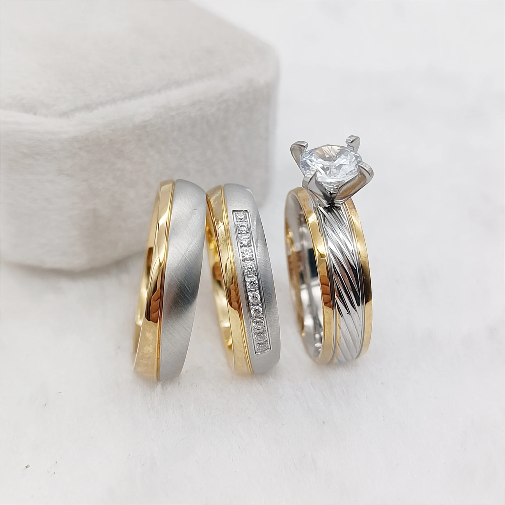 

Wholesale 3pcs Wedding Engagement Rings Set 18k Gold Plated jewelry Promise Couple Rings bijoux argent 925
