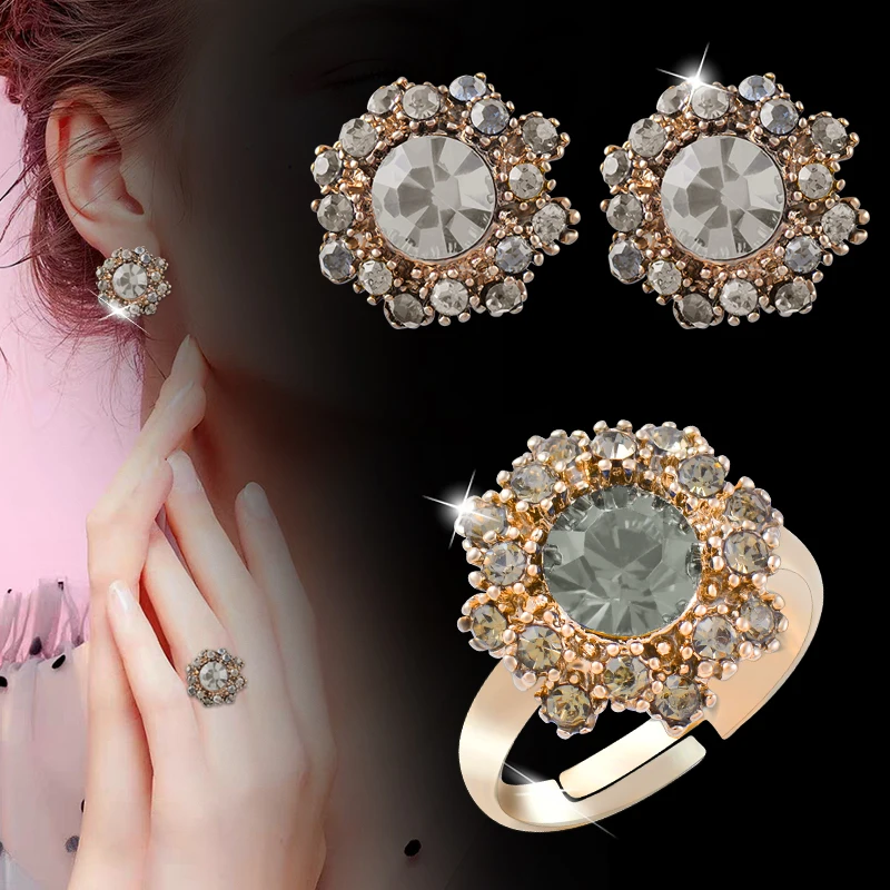 

LEEKER Vintage Crystal Flower Ring And Stud Earrings For Women Red Blue Gray Color Stones Wedding Jewelry Sets ZD1 XS2
