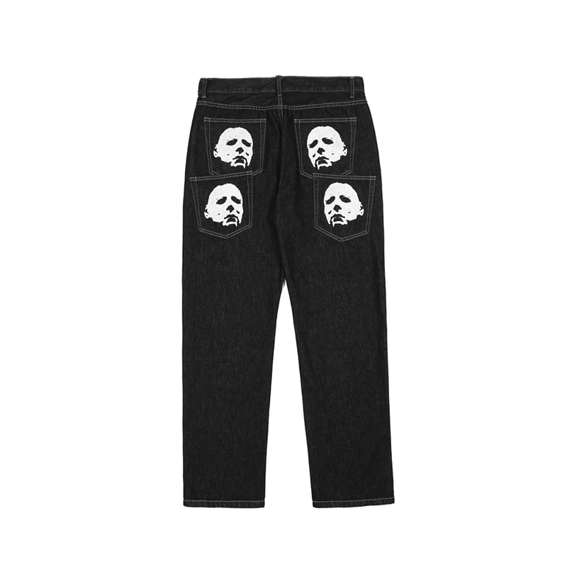 Skull Print Jeans Men High Street Gothic Denim Pants Loose Straight Jean Korea Fashion Streetwear Y2k Man Bottoms Black Clothing