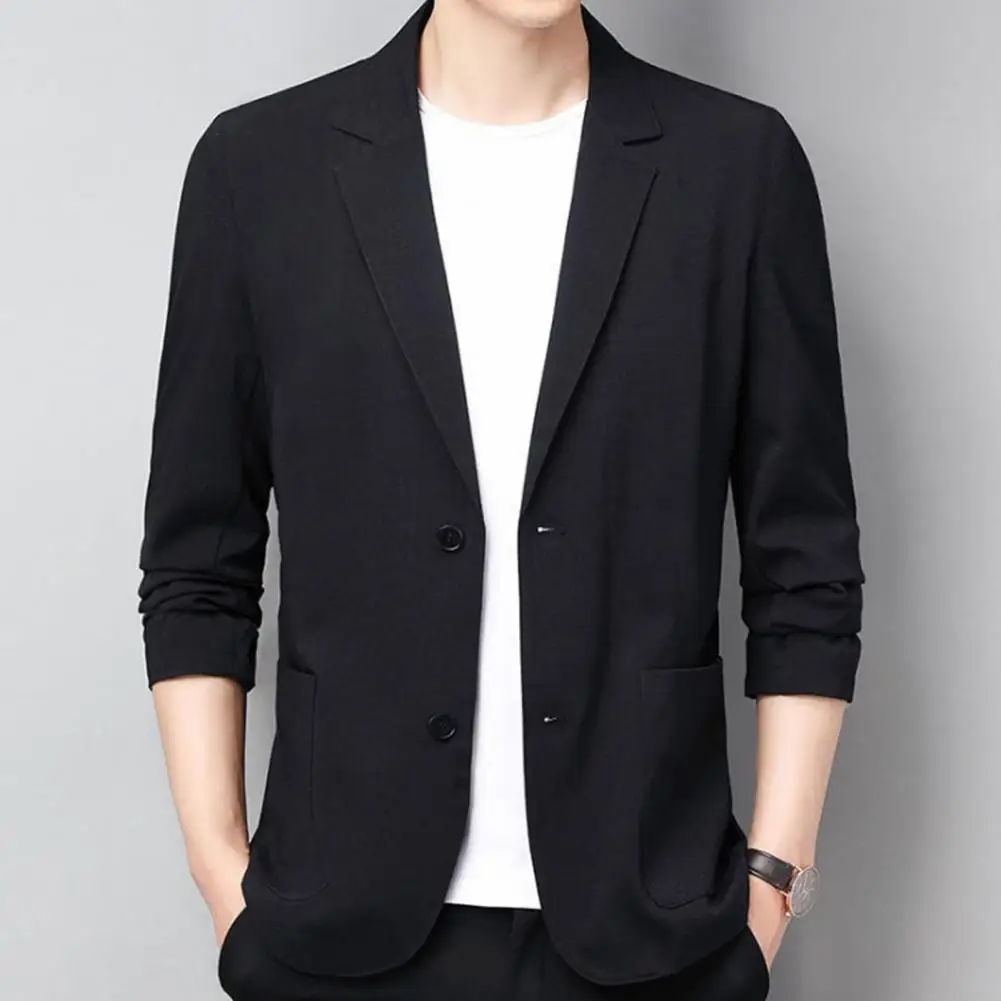 

Solid Color Formal Business Suit Jacket with Double Buttons Lapel Notch Collar Patch Pockets Classic Men's Coat for A