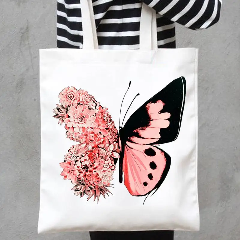 

Print Canvas Bags Shopper Handbags Shoulder Casual Shopping Butterfly Flower Sweet New Cute Lovely Girls Women Fashion Tote Bag