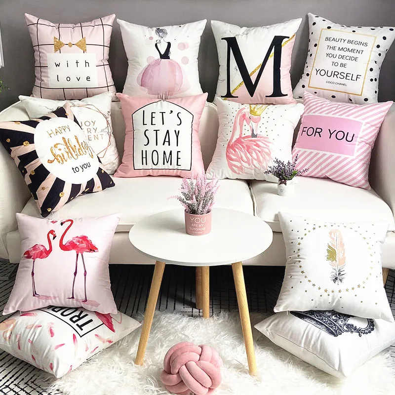 

Nordic Style Pink Girl Sofa Pillow Cushion Cover High-definition Digital Printing Office Nap Pillow Bedside Car Cushion Cover