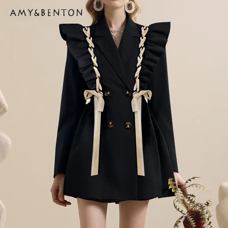 Early Spring Coat Design Sense Knitted Belt Profile Pierced Black Suit Top for Women Elegant High Brand Black Blazer Suit Jacket