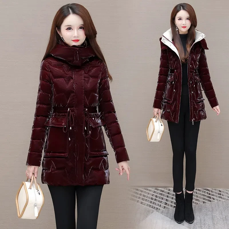 

Down Cotton Jacket Women 2022 Winter New Korean Glossy Fashion Casual Padded Coat Female Large Size Hooded Thick Long Parkas 6XL