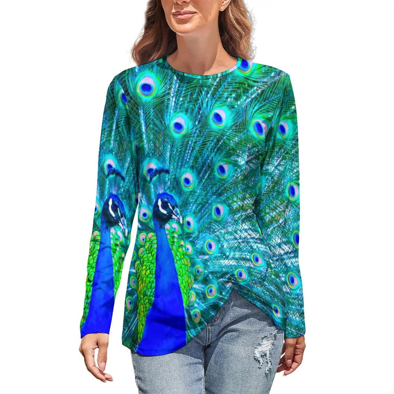 

Imperial Empress Peacock T-Shirt Animal Feathers Street Fashion Long Sleeve T Shirts Print Cute Tshirt Women Oversized Clothing