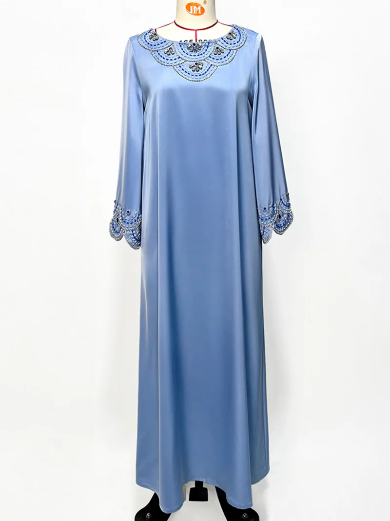 Vintage Luxury Rhinestone Banquet Evening Party Dress Elegant Casual O-Neck Long Sleeve Modest Fashion Ladies Dresses