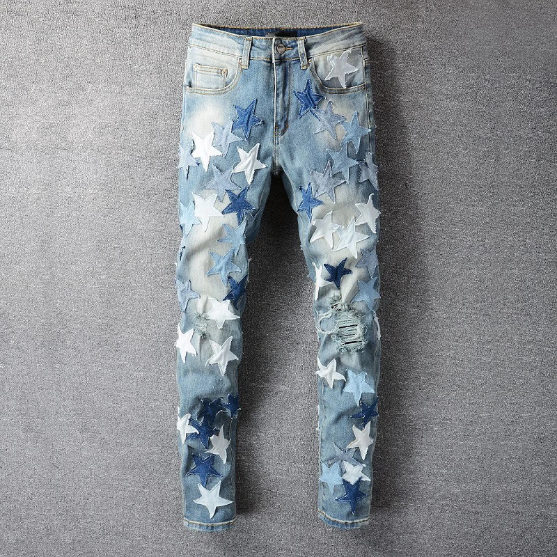 AM Luxury Brand Men's Jeans Light Indigo Star Patchwork Embroidery Skinny Denim Pants Harajuku Men Slim Fit Ripped Pencil Jeans