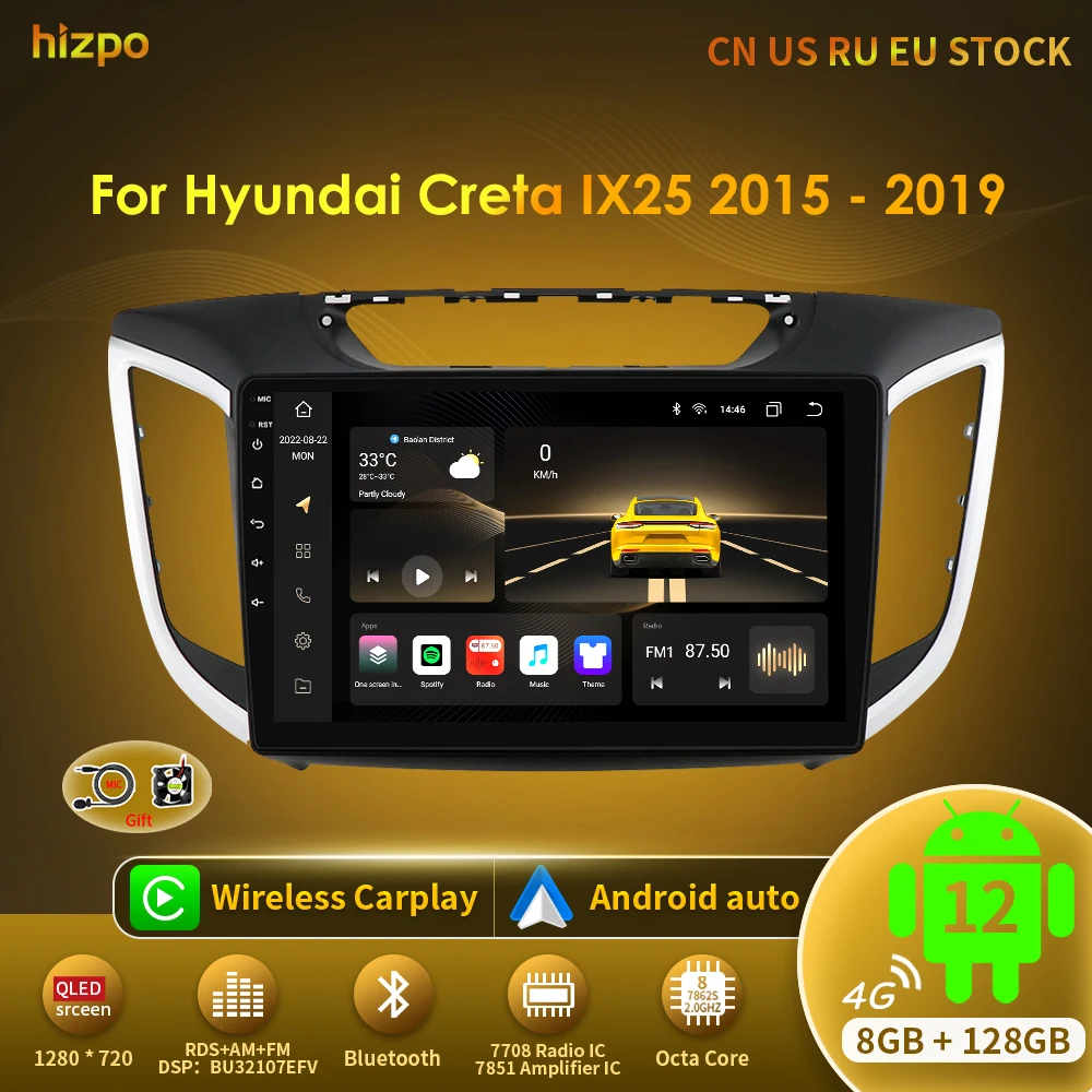 

Hizpo Android 12 Car Radio For Hyundai Creta ix25 2015 - 2019 2 Din Multimedia Video Player GPS Navigation Stereo Carplay Auto