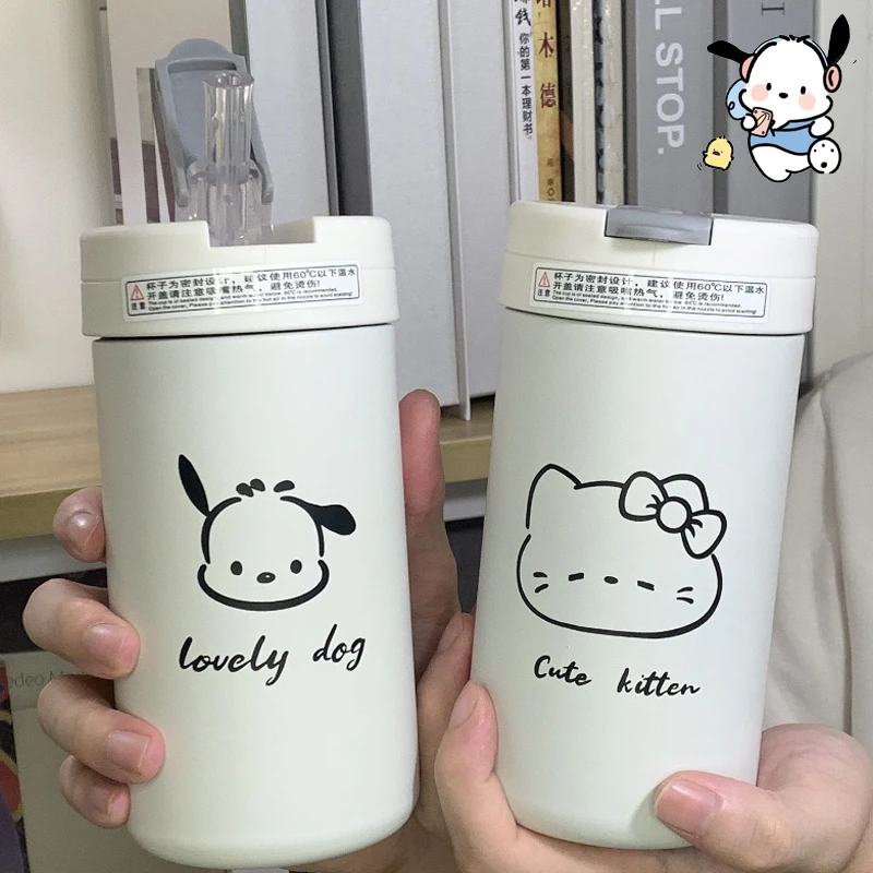 

500Ml Pochacco Hello Kittys Straw Vacuum Cup Kawaii Kuromi My Melody Sanrioes Student Cartoon Water Bottle Office Coffee Cups