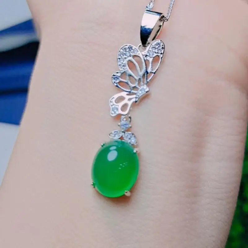 

Natural Green Jade Butterfly Pendant Necklace Women Fashion Charms Jewellery Real Chrysoprase Silver Necklaces Lucky Amulet Gift