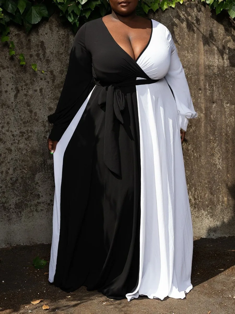 

LW Plus Size dresses for women 2022 Autumn NEW Bandage Design Patchwork A Line Dress Floor Length Stitching Way Casual dresses