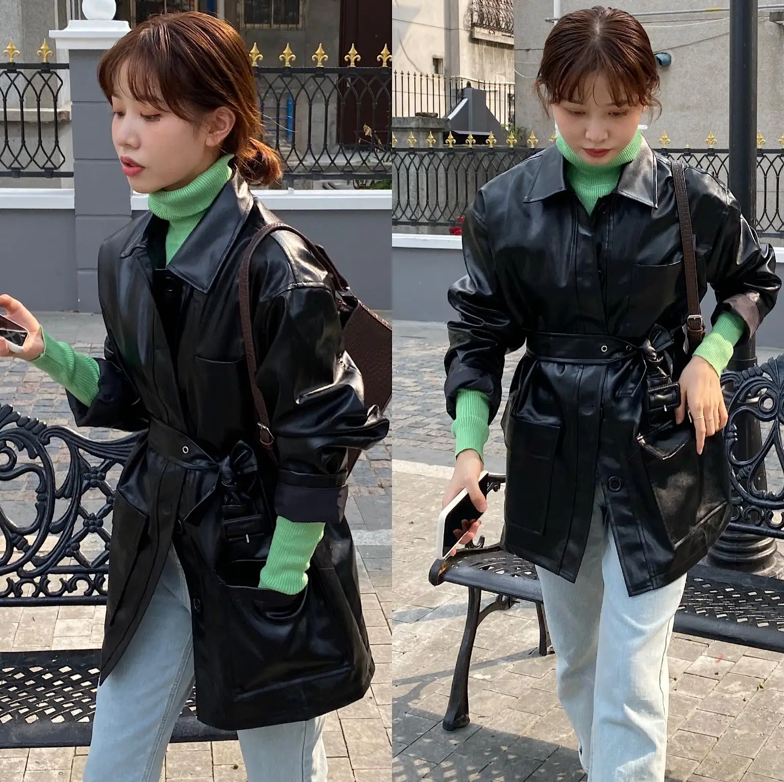 Women Autumn Spring Leather Cost Jacket Cool Girl Leather Black Coffee Turn-Down Collar Blazer+Female Green Turtleneck Sweater