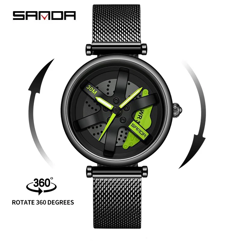 

SANDA P1073 360 Rotating Dial Women Watch Japan Quartz Movement Simple Waterproof Steel Mesh Ladies Wristwatch Relogio Feminino