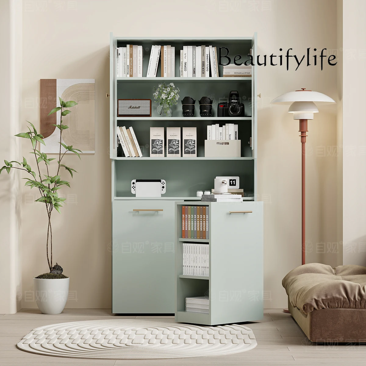 Скандинавский зеленый комбинированный книжный шкаф двойная дверь стеклянный