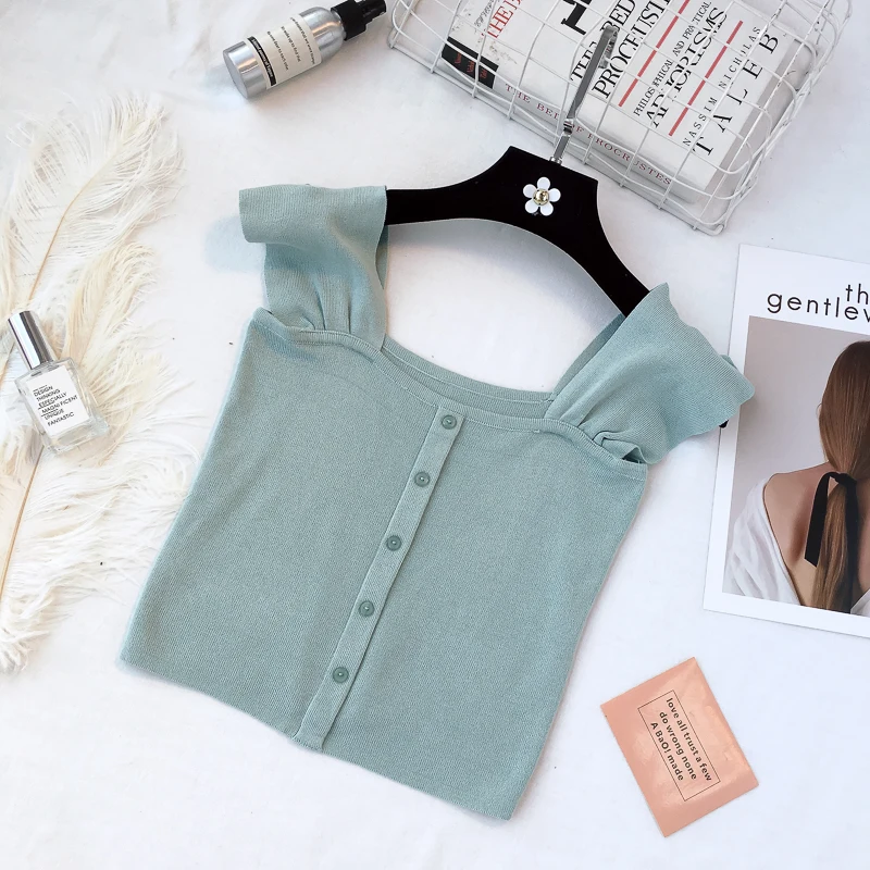 

New Summer 2022 Women's Knitted Crop Button Tops Square Neck T-Shirts Women's Summer Crop Tops